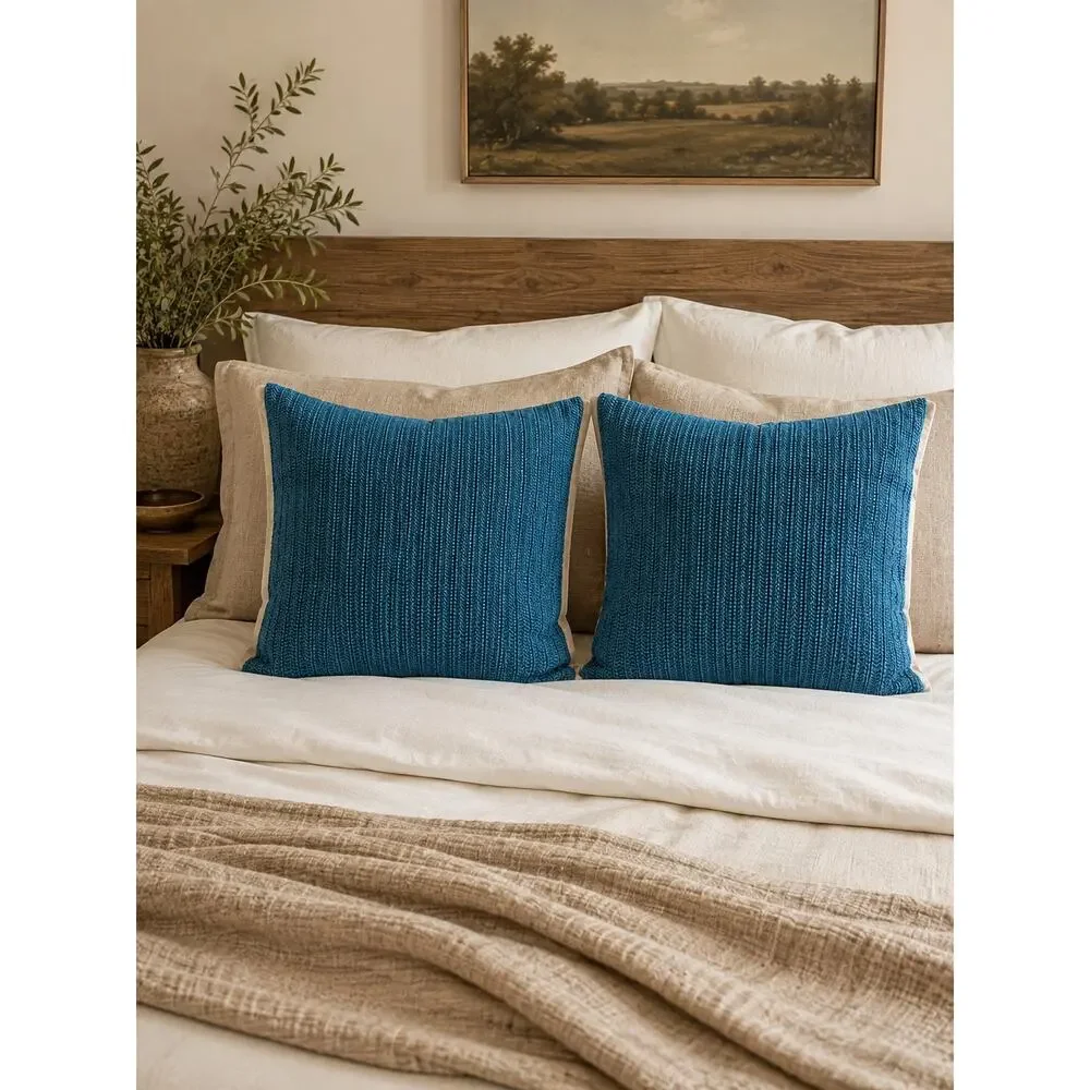 Villa Classic Home Set of 2 Blue Linen Pillow Covers Square Teal Textured Zip